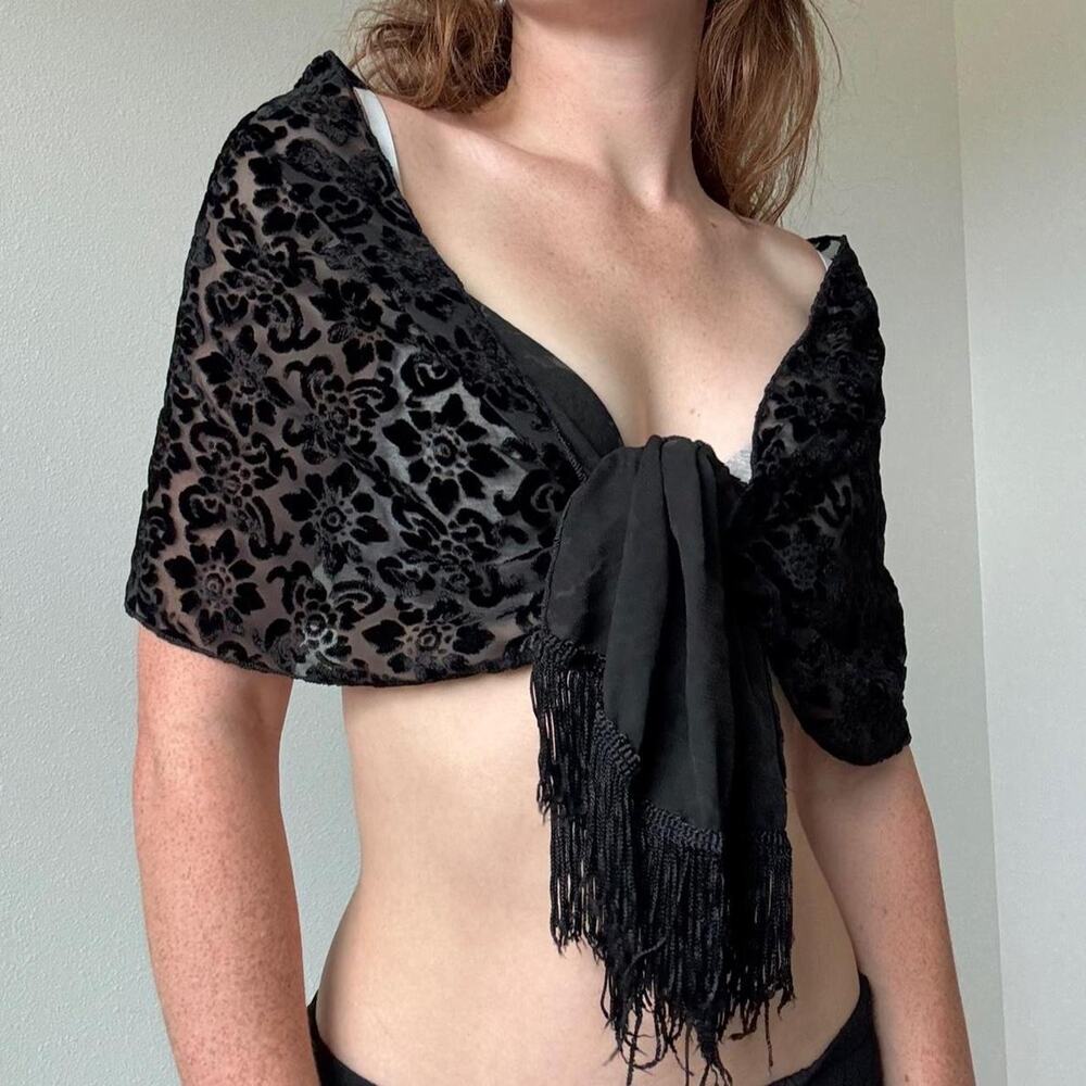Black burnout velvet shawl with fringe